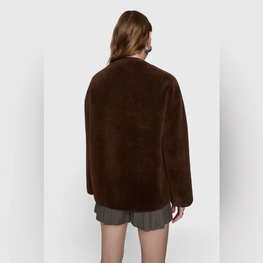Rebecca Minkoff vegan shearling toggle jacket in chocolate brown